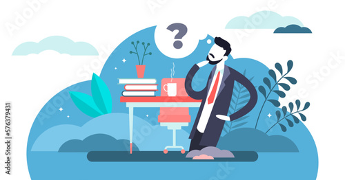 Thinking businessman concept, flat tiny person illustration, transparent background. Mental work on strategy, vision, future plans and decision making.