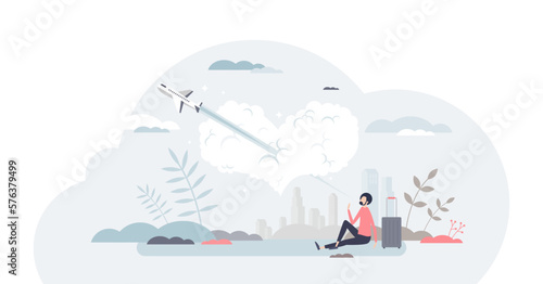 Travel passion or hobby as plane fly through heart shaped cloud tiny person concept, transparent background. Vacation journey trip using aviation transportation illustration. Love for airlines. © VectorMine