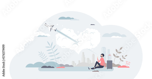 Travel passion or hobby as plane fly through heart shaped cloud tiny person concept, transparent background. Vacation journey trip using aviation transportation illustration. Love for airlines.