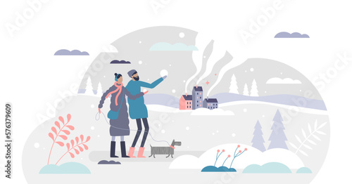 Winter season with cold weather, frost, ice and snow tiny persons concept, transparent background. Couple walking outdoors with dog in december or January illustration.