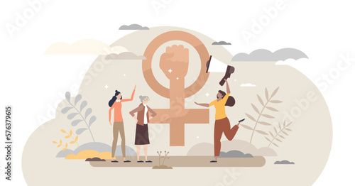 Woman right activist for equality and justice awareness tiny person concept, transparent background. Feminism event with fist symbol protest about discrimination and gender inequality, pay gap.