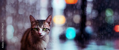 a stray cat walks in the rain against the background of the evening city. Generative AI.