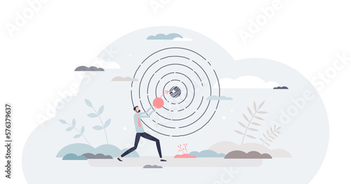 Achieving target and goal as achievement and success tiny person concept, transparent background. Focus to center as business or career ambition efficiency illustration.
