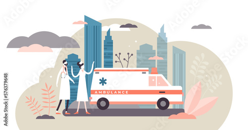 Ambulance car illustration, transparent background. Medical vehicle flat tiny persons concept. First aid disease rescue transport to get patient to hospital ASAP. Covid-19 testing medics.