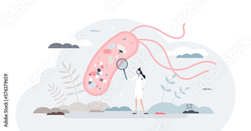 Mechanism of antibiotic resistance development in bacteria cell tiny person concept, transparent background. Female scientist researching medication processes in human gut.