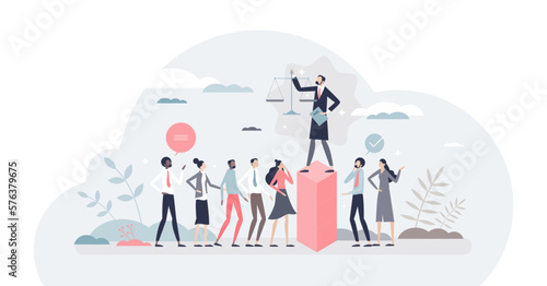 Authority as governmental and political leadership power tiny person concept, transparent background. Leader domination and control over community illustration. Fair, confident hierarchy.