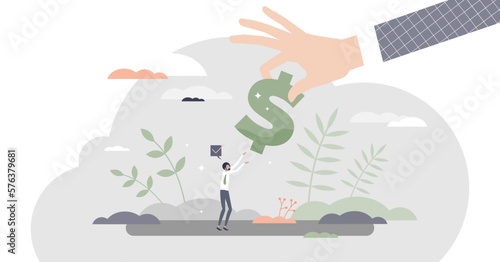 Bailout money as financial economical support in crisis tiny person concept, transparent background. Business company help from government in bankruptcy problem situation illustration.