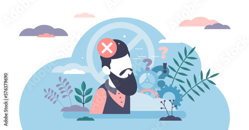 Bias concept flat tiny person illustration, transparent background.Biased person with mental blocks and filters towards society.Nonacceptance of different races, sexuality and cultures.