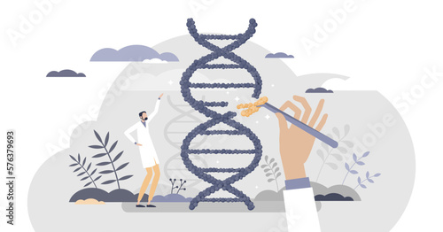 Biology as gene manipulation and DNA engineering science tiny person concept, transparent background. GMO clone research with sequence modification and artificial change.