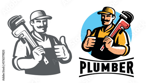 Plumber with plumbing wrench. Technical service logo, emblem. Construction, Repair work vector illustration