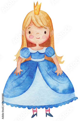 Watercolor illustration of a cute little princess in a blue dress. Little blond girl illustration. Isolated on a white