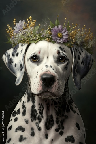 Dalmatian Puppy Portrait Looking AT Camera Wearing Flower Crown