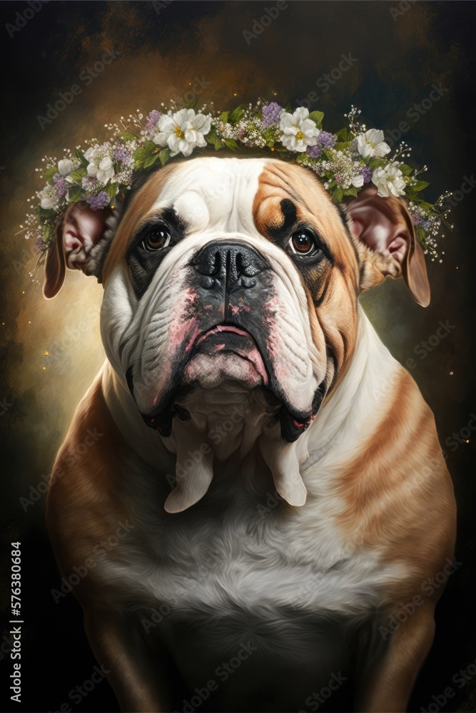 Bulldog Portrait Looking AT Camera Wearing Flower Crown