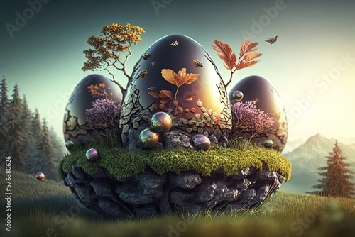 A group of painted eggs sitting in the middle of a forest, trending digital fantasy art - Generative ai