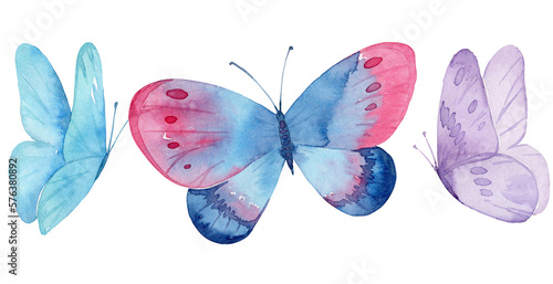 Blue butterfly in pastel colors isolated on white background. Watercolor. Illustration. 