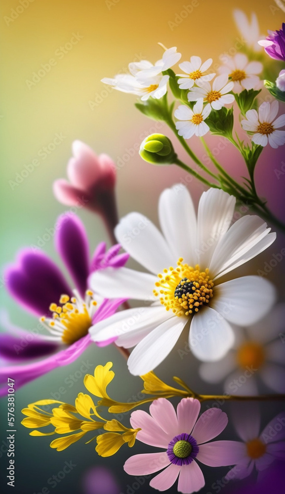 A cheerful composition of white and purple flowers against a gradient backdrop, exuding freshness and vitality. A cheerful composition of white and purple flowers against a gradient backdrop, exuding freshness and vitality.