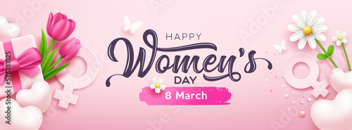 Leinwand Poster Happy women's day banners gift box pink bows ribbon with tulip flowers and butterfly, heart, white flower, concept design on pink background, EPS10 Vector illustration