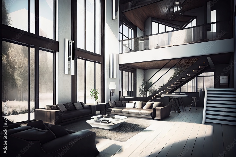 Black and white modern house with an open plan concept, generative AI Black and white modern house with an open plan concept, generative AI