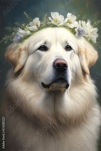 Great Pyrenees Dog Portrait Looking AT Camera Wearing Flower Crown