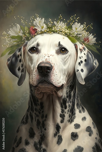Dalmatian Dog Portrait Looking AT Camera Wearing Flower Crown