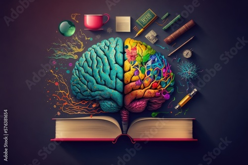 Colorful lightbulb brain with books and stationery  education concept  AI generated