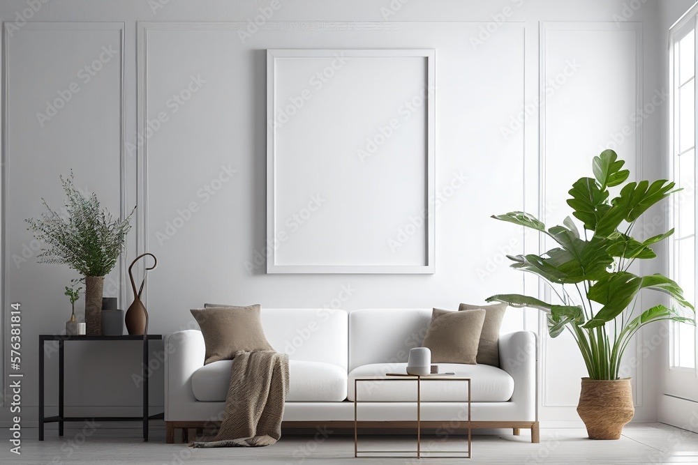 blank poster frame in wall room mockup,digital illustration generative AI blank poster frame in wall room mockup,digital illustration generative AI