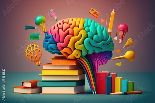 Colorful lightbulb brain with books and stationery, education concept, AI generated