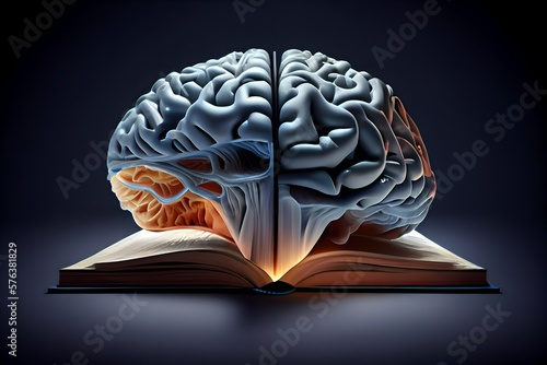 The human brain in a modern aura style, from below an open book from which the brain receives knowledge, a lot of empty space