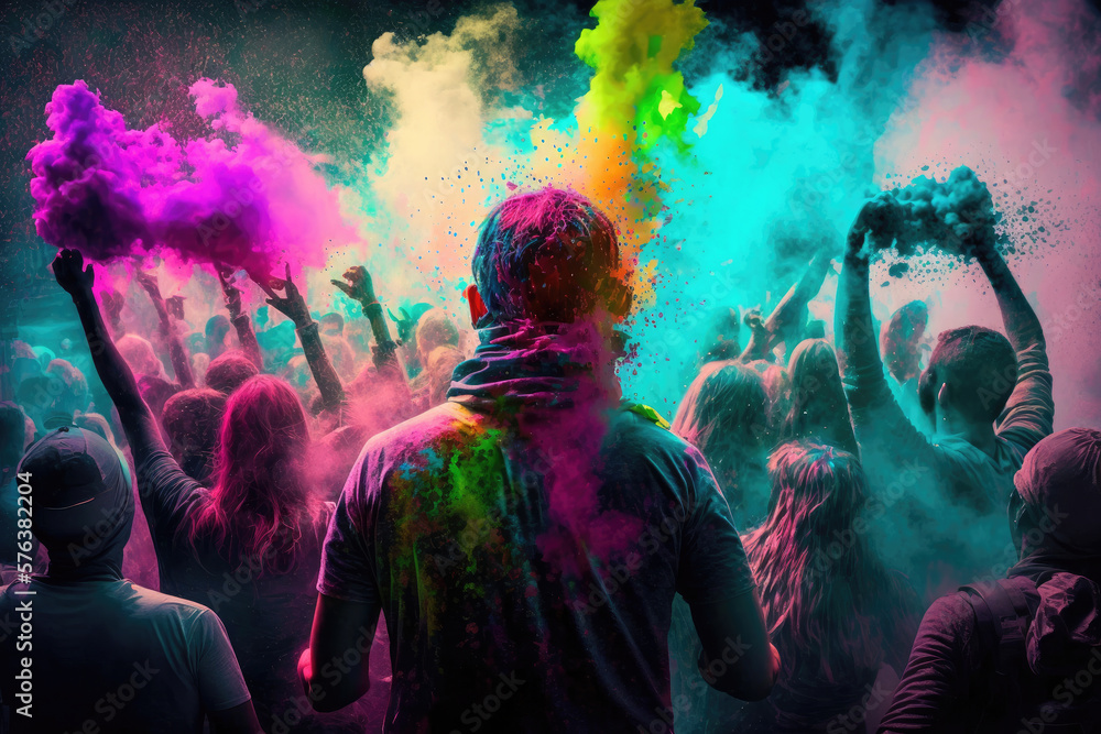 People at a Holi festival throw colorful Holi powders People at a Holi festival throw colorful Holi powders