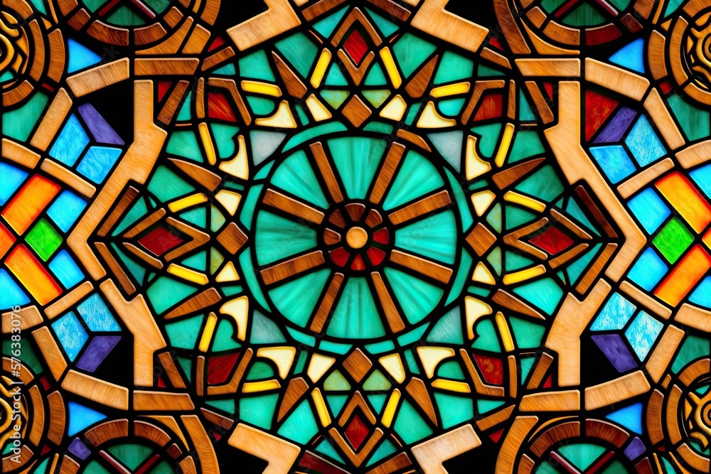 Stained glass close-up, ethnic group, symmetrical, seamless game texture, Myanmar, on canvas  - Generative ai
