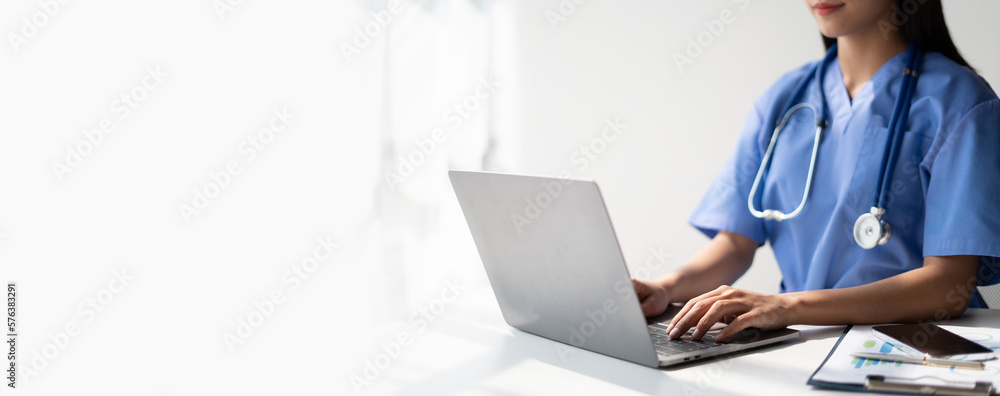 Female doctor consulting patient online from clinic office. Giving medical prescriptions by internet. Female doctor consulting patient online from clinic office. Giving medical prescriptions by internet.