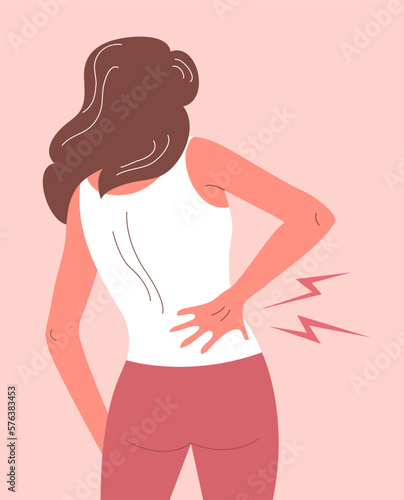 Young woman standing with acute back pain. Symptom of the disease. Body care and health. Flat vector illustration isolated on white background