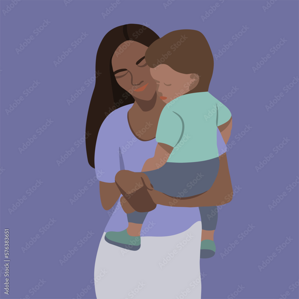 Vector isolated illustration of mom with baby. Motherhood. The woman holds the baby in her arms.