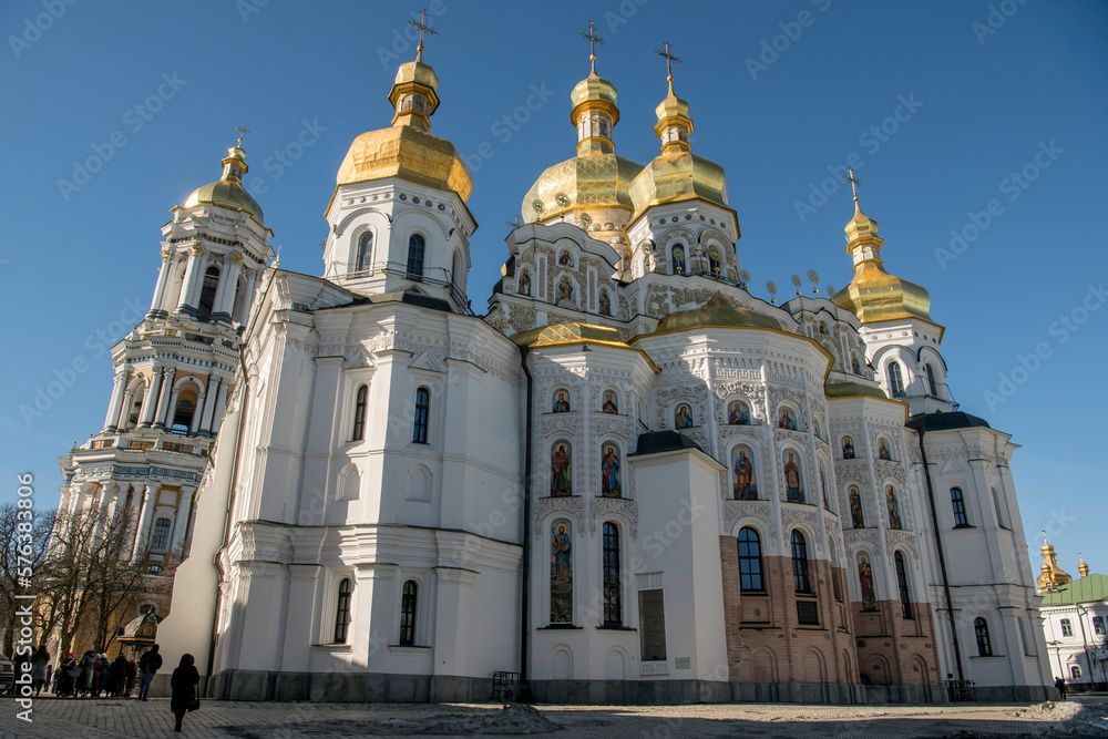 The restored Holy Dormition Cathedral, the main Cathedral temple of Kyiv Pechersk Lavra in Kyiv, Ukraine, February 2023