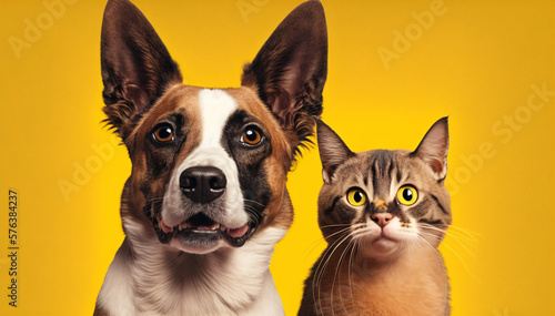 portrait of a cat and dog in front of bright yellow background © Jawad