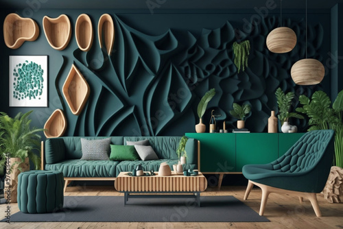 Nordic Style Living Room with Navy Walls and Green Accents   generated by IA 