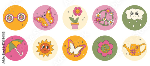 Trendy comic groovy spring sticker set. Cute and funny characters. 70s 60s aesthetics.