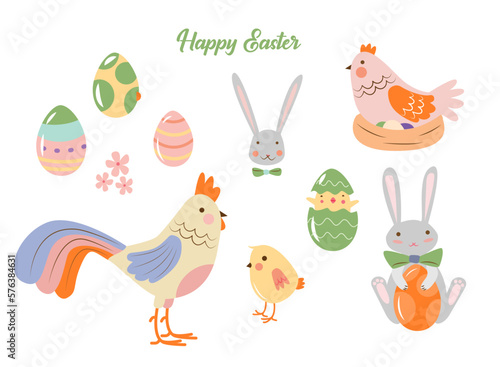 Easter set with hens, rooster, chicken, eggs and rabbits . Vector illustration of colorful Easter elements.