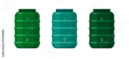 Garden barrel, rainwater harvesting system, rain catcher. Green plastic water storage tank with faucet for pipes and hoses. Set of vector flat illustrations isolated on white background