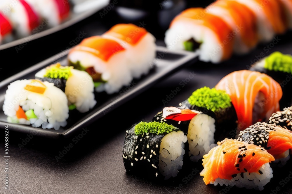 Delicious Sushi Roll with Fresh Seafood and Soy Sauce Dip Japanese