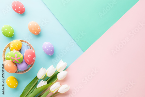 Easter Day celebrate time with easter eggs on pastel background for top view