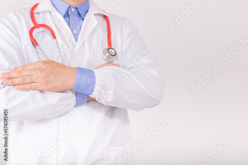 Doctor wear white lab coat with red stethoscop. Cardiology healthcare, healthy heart protection, cardiac diseases concept