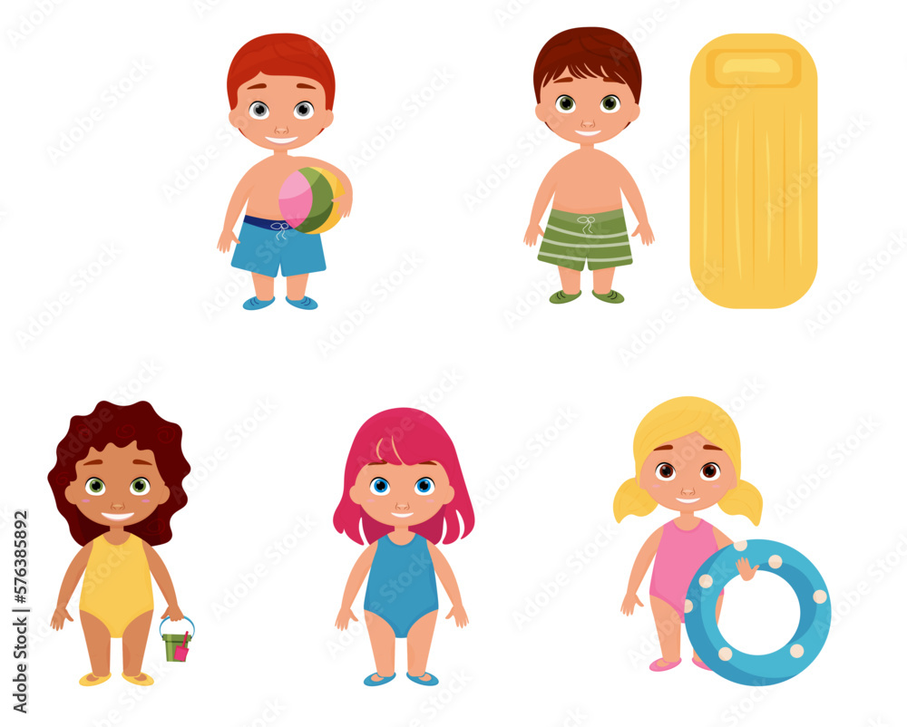 vector illustration of cartoon children on a beach holiday. illustrations on a white background. summer holidays and fun.
