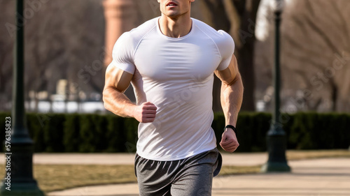 A runner runs through Sunny Park. A young man runs in the park (Generative AI)