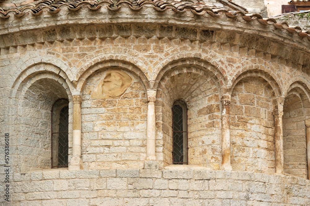 Detail of Gellone Abbey in famous Saint Guilhem le Desert village protected by UNESCO, France