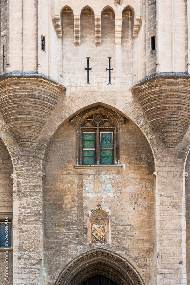 Majestic Gothic entrance to medieval Palace of Popes in historic Avignon, Provence, France