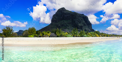 Dream exotic island. tropical paradise. Best beaches of Mauritius island - Le Morne with iconic huge rock.