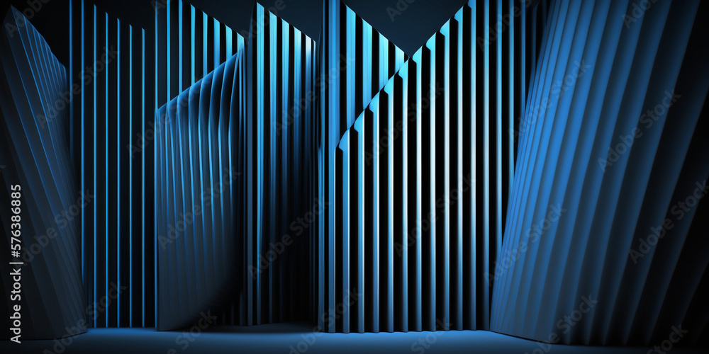 Fototapeta premium Abstract with details in the form of lines background with blue geometric lines, 3D, volumetric design, realistic lighting (AI)
