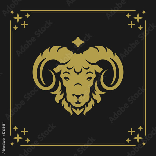 Aries zodiac sign vintage astrology silhouette line frame card design vector illustration