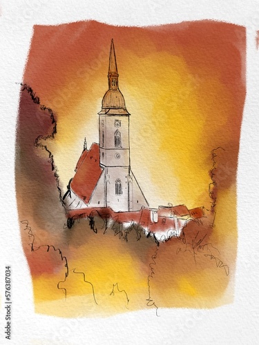 Photography watercolor sketch main church in Bratislava slovakia